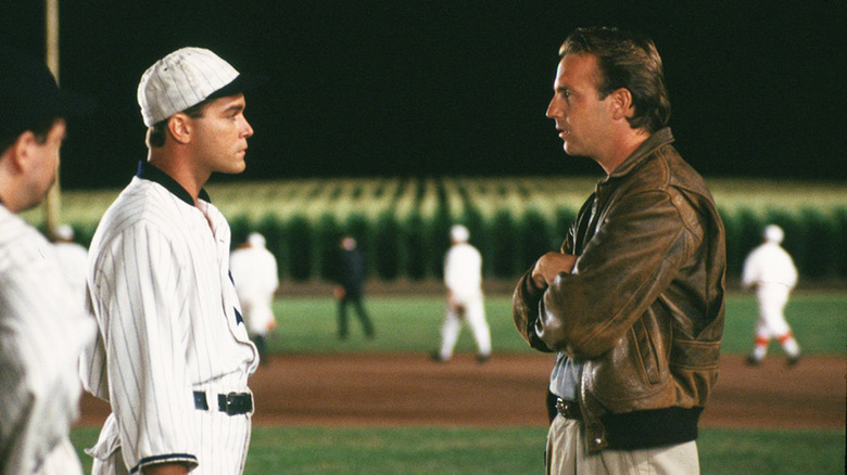 Ray talks to Shoeless Joe Jackson against backdrop of baseball field