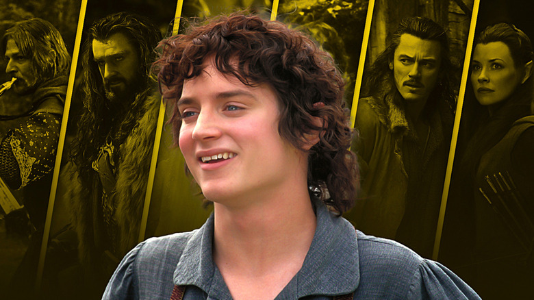 Elijah Wood as Frodo Baggins with Lord of the Rings and The Hobbit ensemble