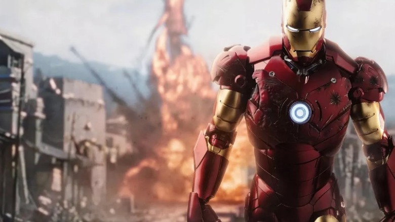 Iron Man suit walk away from explosion 