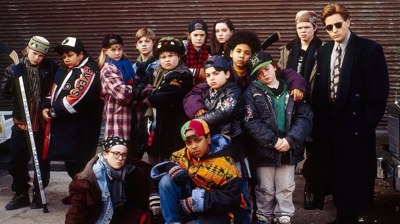 The Mighty Ducks hockey team poses looking tough