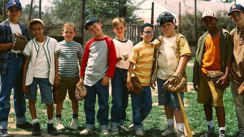 The Sandlot kids pose in a line