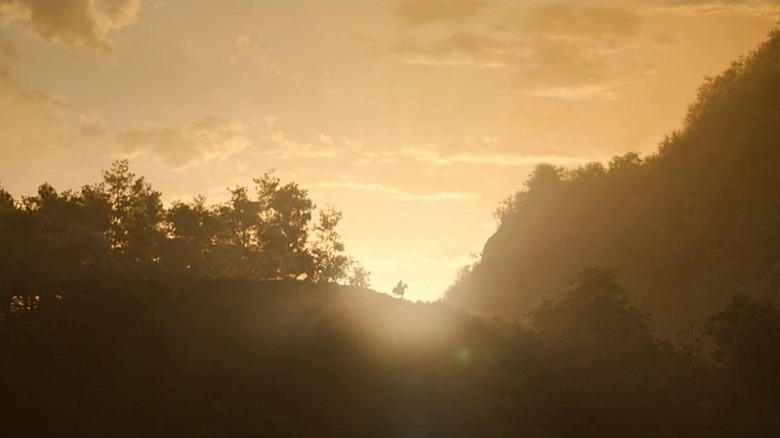 Horseman on hill before sunrise