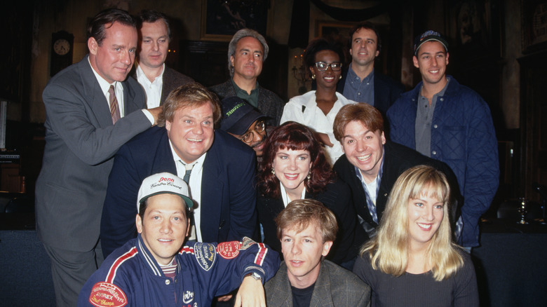 Phil Hartman, Lorne Michaels (Producer), Ellen Kleghorne, Kevin Nealon, Adam Sandler, Chris Farley, Tim Meadows, Mike Myers, Rob Schneider and David Spade on the Saturday Night Live set